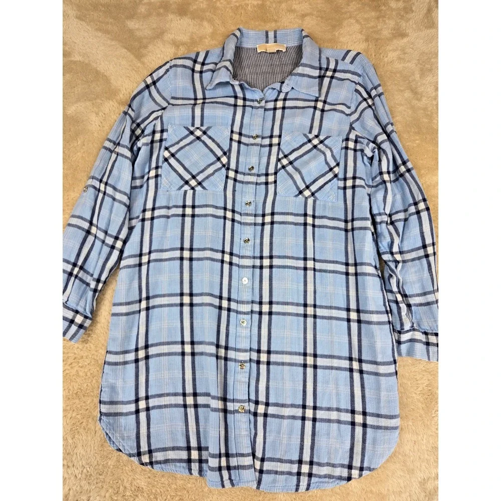 Michael Kors Blue Plaid‎ Long Sleeve Button Up Shirt Dress Tunic Size 12
